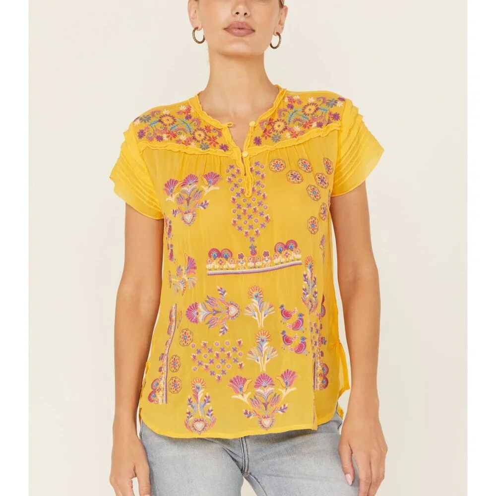 NEW JOHNNY WAS LAFARET Yellow Embroidered Blouse, Short Sleeve, size L - Picture 2 of 14